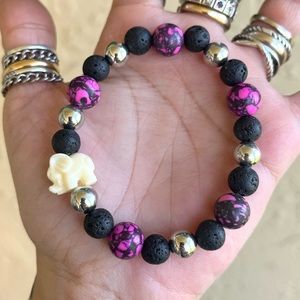 Pink snowflake jasper black lava rock oil diffuser boho elephant bracelet